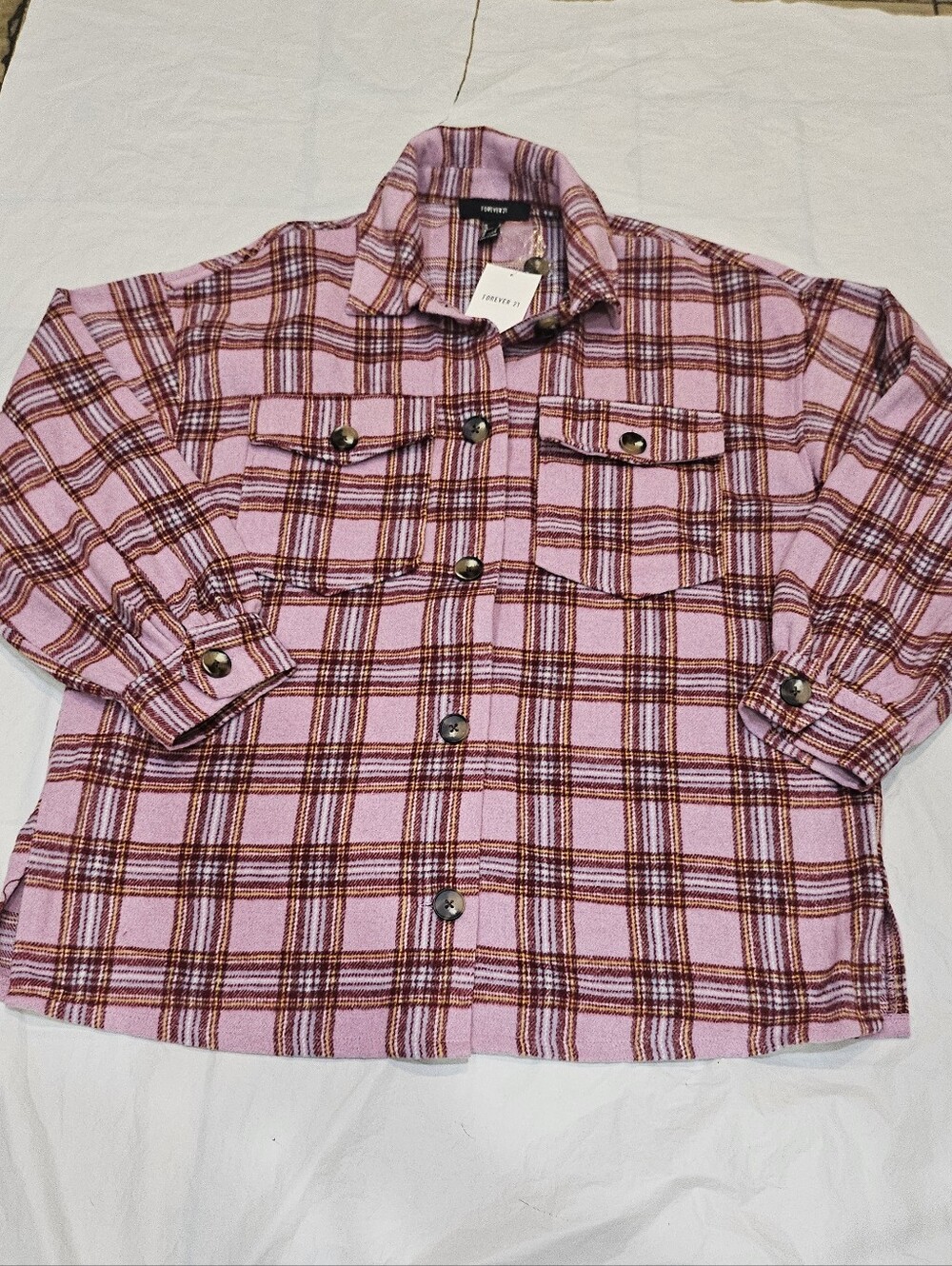 NWT Forever 21 Pink Plaid Oversized Flannel Shacket L
